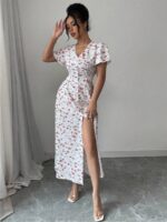 Rochie Lunga Audrey Alba cu Print Roz - imagine 3