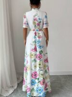 Rochie Lunga Amiga Alba cu Print Floral Multicolor - imagine 2