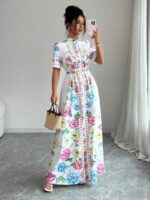 Rochie Lunga Amiga Alba cu Print Floral Multicolor