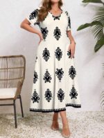 Rochie Midi Bertha Crem cu Print Negru - Marimi Mari
