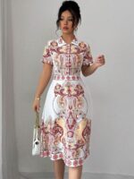 Rochie Scurta Marieta Alba cu Print Grena si Crem