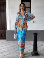 Rochie Lunga Gerge Albastra cu Print Multicolor