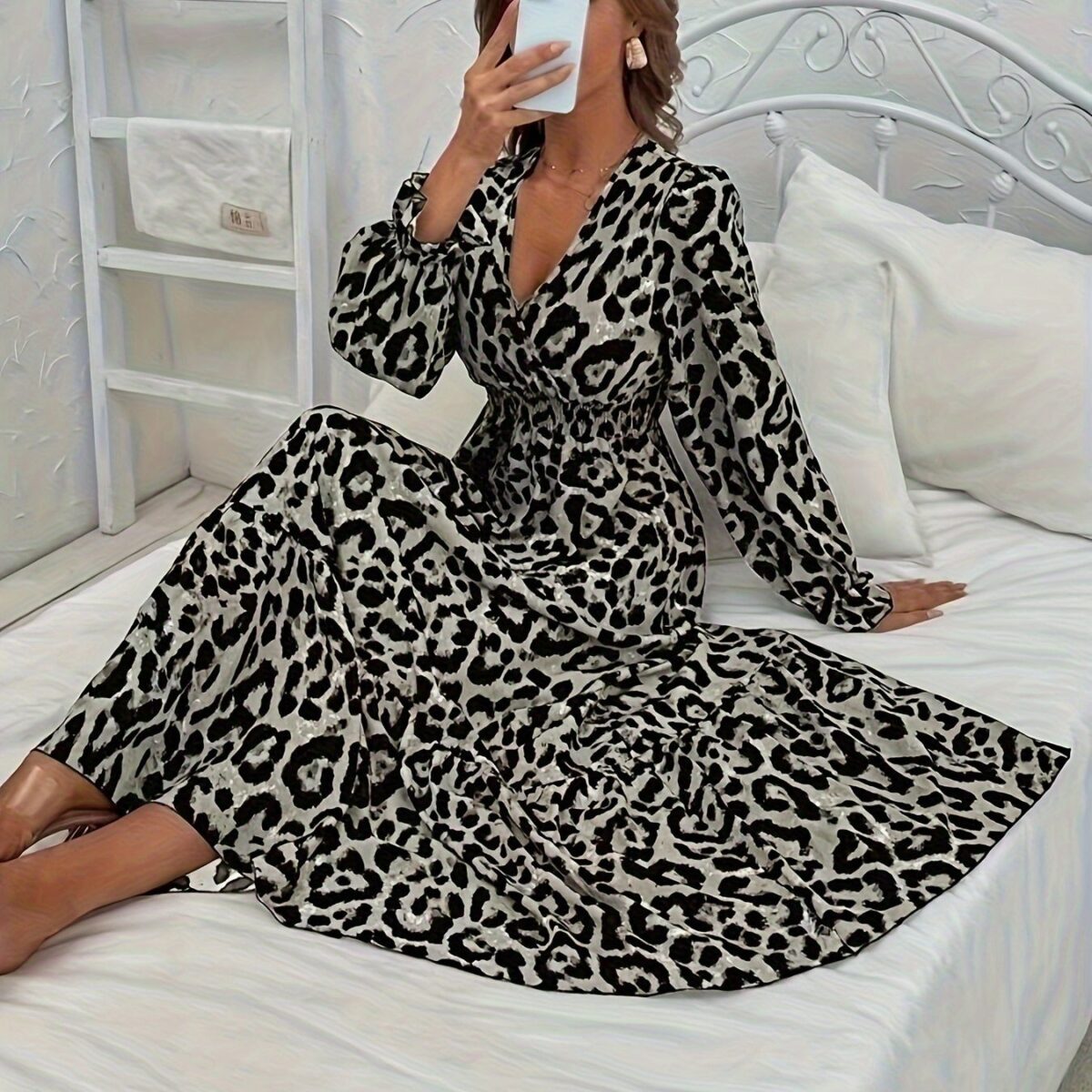 Rochie Lunga Consuelo Gri cu Animal Print - imagine 3