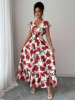 Rochie Lunga Neve Alba cu Trandafiri Rosii - imagine 3