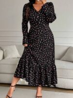 Rochie Lunga Ivalo Neagra cu Print Rosu - Marimi Mari