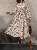 Rochie Midi Bataro Crem cu Print Floral