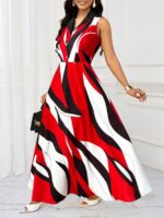 Rochie Lunga Ferrol Rosie cu Print Geometric Negru si Alb