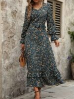 Rochie Lunga Tereza Turcoaz cu Print Floral Bej - imagine 3