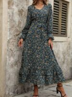 Rochie Lunga Tereza Turcoaz cu Print Floral Bej
