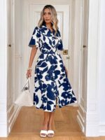 Rochie Midi Marlina Alba cu Print Bleumarin - imagine 3