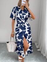 Rochie Midi Marlina Alba cu Print Bleumarin