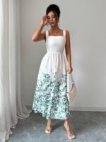 Rochie Midi Alencia Alba cu Print Floral Verde
