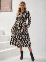 Rochie Midi Rowena de Maternitate Bej Cu Imprimeu Geometric Negru