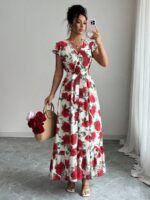 Rochie Lunga Neve Alba cu Trandafiri Rosii