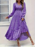 Rochie Lunga Nivedita Mov cu Print Floral Alb - imagine 3