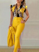 Compleu Zelmira format din Camasa cu Print Geometric si Pantalon Galben