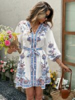 Rochie Scurta Nettan Alba cu Print Albastru