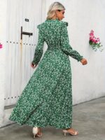 Rochie Lunga Aldis Verde cu Print Floral Alb - imagine 2