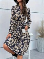 Rochie Midi Bleumarin cu Print Bej - imagine 3