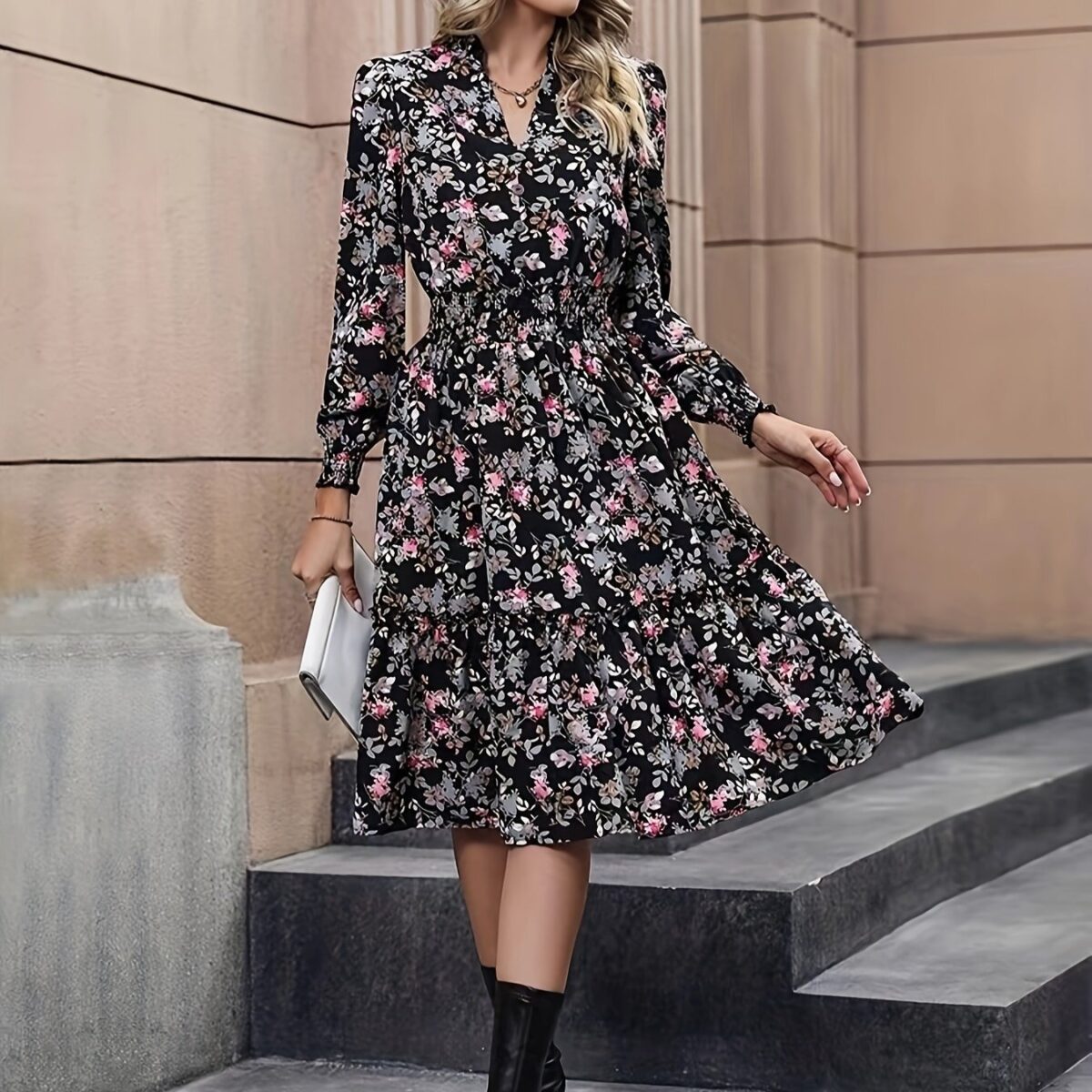 Rochie Midi Crina Neagra Inflorata - imagine 3