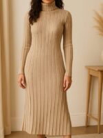 Rochie Midi Tricotata Elaine Bej din Bumbac