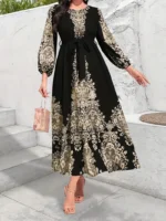 Rochie Lunga Geralde Neagra cu Print Auriu - imagine 4