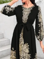 Rochie Lunga Geralde Neagra cu Print Auriu - imagine 3