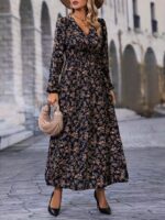Rochie Lunga Marada Bleumarin cu Print Floral Maro - imagine 3