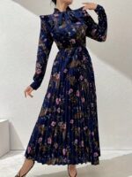 Rochie Lunga Catrina Bleumarin cu Print Floral Roz Plisata - imagine 3