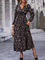 Rochie Lunga Marada Bleumarin cu Print Floral Maro