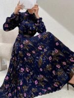 Rochie Lunga Catrina Bleumarin cu Print Floral Roz Plisata