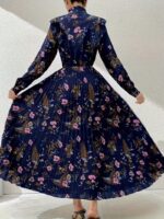 Rochie Lunga Catrina Bleumarin cu Print Floral Roz Plisata - imagine 2