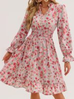 Rochie Scurta Adriela Gri Deschis cu Print Floral Roz