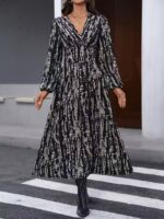 Rochie Midi Diona Neagra cu Print Bej
