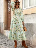 Rochie Midi Mereike Vernil cu Print Roz - imagine 3