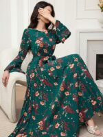 Rochie Lunga Hiba Verde Inflorata Plisata