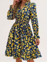 Rochie Scurta Aldina Bleumarin cu Print Floral Galben - imagine 3