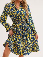 Rochie Scurta Aldina Bleumarin cu Print Floral Galben