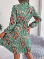 Rochie Scurta Julieta Vernil cu Print Floral Portocaliu Plisata - imagine 2