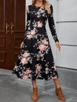 Rochie Midi Sinna Neagra cu Print Floral Roz