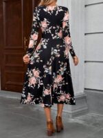 Rochie Midi Sinna Neagra cu Print Floral Roz - imagine 2