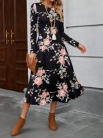 Rochie Midi Sinna Neagra cu Print Floral Roz - imagine 3