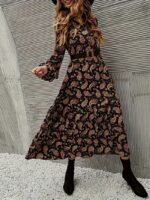 Rochie Midi Lette Bleumarin cu Print Maro - imagine 4