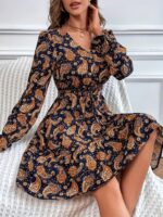 Rochie Scurta Heidrun Bleumarin cu Print Maro