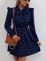 Rochie Scurta Turina Bleumarin cu Print Floral Alb - imagine 3