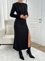 Rochie Midi Martina Neagra din Bumbac cu Strasuri Aplicate - imagine 3