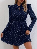 Rochie Scurta Turina Bleumarin cu Print Floral Alb