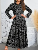 Rochie Lunga Mady Neagra cu Model Geometric Alb - imagine 2