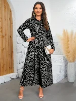 Rochie Lunga Mady Neagra cu Model Geometric Alb