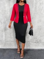Compleu Deyla format din Rochie Midi Neagra si Sacou Rosu